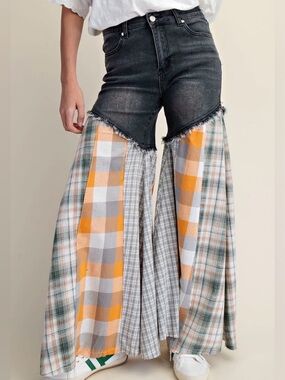 Easel Women’s Wide-Leg Patchwork Flannel Jeans - Orange Plaid